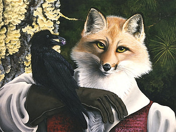 The Raven and the Fox, nature, bird, fox, animals HD wallpaper