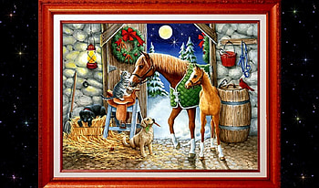 Holiday in the Barn F2, dog, birds, feline, occasion, horses, holiday, equine, mare, December, art, cat, illustration, artwork, wide screen, Christmas, canine, foal HD wallpaper