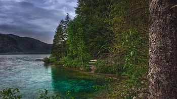 Landscape View Of Mountains Trees Bushes Forest Under Clouds Sky Reflection On Lake Nature HD wallpaper