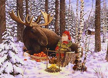 Big Friends, winter, artwork, elk, trees, gnome santa, forest HD wallpaper