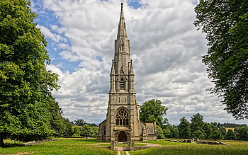 Chapel, clouds, trees, grass HD wallpaper