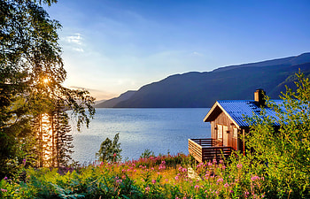 Norwegian lake at sunset, wooden, scene, Norway, house, beautiful, lake, wildflowers, summer, view, terrace, sunset HD wallpaper