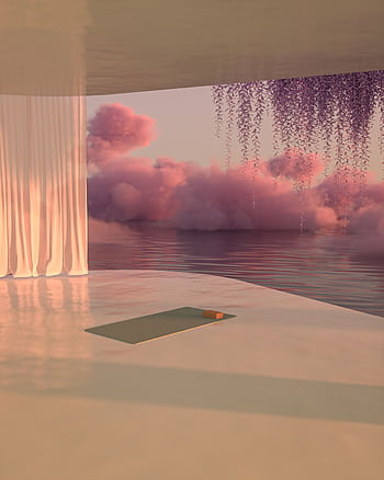 A serene indoor space with pink clouds and a yoga mat by the water, perfect for relaxation. HD phone wallpaper