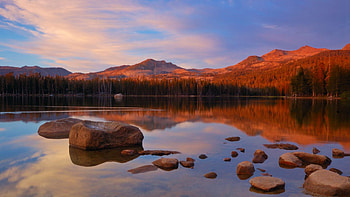 Wrights Lake, California at sunset, usa, hills, colors, clouds, sky, hillsstones, rocks HD wallpaper