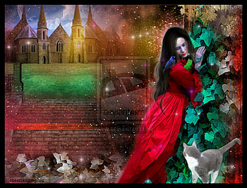 ~Red Lady with Castle~, emotional, plants, premade, cute, digital art, dress, charm, lady, animals, trees, castle, female, bird, cat, beautiful, people, backgrounds, leaves, fantasy, pretty, manipulation, red, models, girls, flowers, women, lovely, hair HD wallpaper