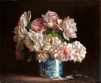 For sweet sister Jackii, blue, pink, white, roses, black background, petals, vase HD wallpaper