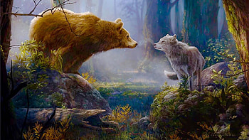friends, wolves, wolf, bear, animals HD wallpaper