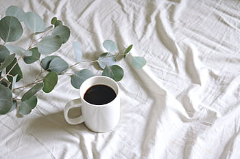 A minimalist setup featuring a white mug of black coffee with eucalyptus leaves on crumpled linen. HD wallpaper