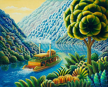 Riverboat, artwork, digital, ship, plants, trees, mountains, River HD wallpaper