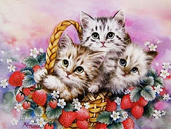 A Basket Full of Kittens, blue, pink, painting, red, flowers, kittens HD wallpaper