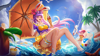 Fantasy girl, umbrella, blue, sea, yonghe qiu, girl, orange, bunny, summer, game, ears, luminos, water, vara HD wallpaper