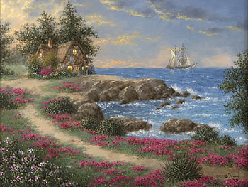 Rocky Cove, house, sailboat, rocks, dirt road, waves, lights, clouds, trees, flowers, water HD wallpaper