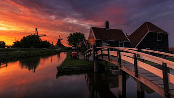 Netherlands sunset farm, Wooden bridge channel, Water wind HD wallpaper