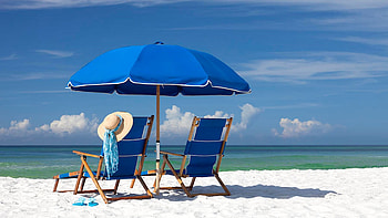 White sands of the emerald coast. Gulf of Mexico, Florida, sea, umbrella, chairs, clouds, sky, usa, hat HD wallpaper