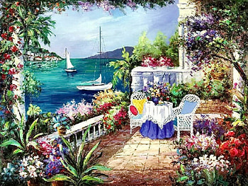 Memories of the moment, blue, boat, morning, coast, pier, nice, shore, painting, coffee, moment, water, dock, ocean, sea, beautiful, sailboat, summer, cafe, pretty, porch, sky, flowers, lovely, memories, village HD wallpaper
