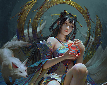 Ahri, frumusete, art, kunjie xiang, gorgeous, vulpe, girl, fox, superb, kumiho, fantasy, luminos HD wallpaper