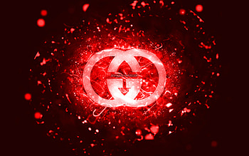 Gucci red logo, , red neon lights, creative, red abstract background, Gucci logo, brands, Gucci HD wallpaper