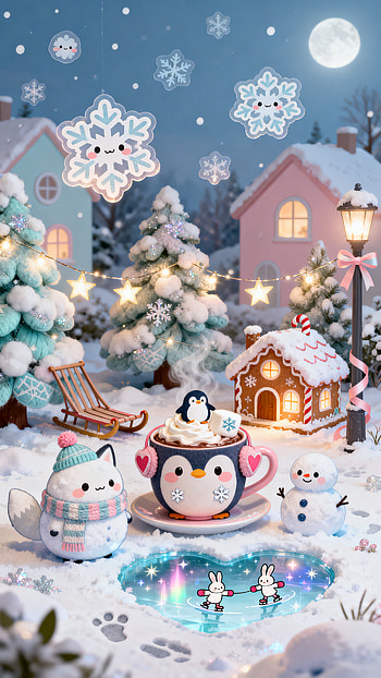 Kawaii Winter Night | Cozy Cocoa Wonderland | Snowflake Hug | Penguin Cocoa Dream HD phone wallpaper