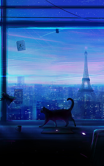 Lonely Night, sky, star, cat, Anime, city, anime cat, Sky Anime, anime city HD phone wallpaper