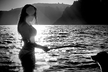 Sparkling Temptation, dog, river, sparkling, temptation, sun, woman HD wallpaper