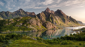 norway hills, trees, river, grass, hills HD wallpaper