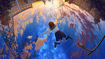 Anime Girl Flying Through Cosmic Clouds, anime-girl, umbrella, clouds, cloud, city, buildings, artist, artwork, art, digital-art, pixiv HD wallpaper