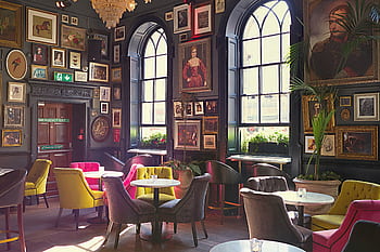 Luxurious interior of a Dublin cafe featuring vibrant seating and eclectic art decor. HD wallpaper