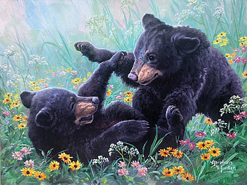 Sibling Rivalty, artwork, bears, painting, blossoms, flowers, cubs HD wallpaper