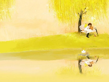 By The Riverside, river, umbrella, bench, suitcase, lady, shade tree, butterfly wings HD wallpaper