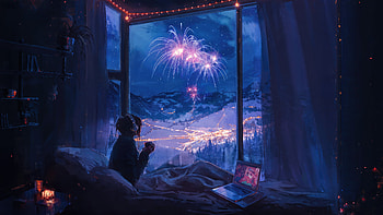 Lofi Girl Coffee In Hand, lofi, coffee, fireworks, artist, artwork, digital-art, artstation HD wallpaper