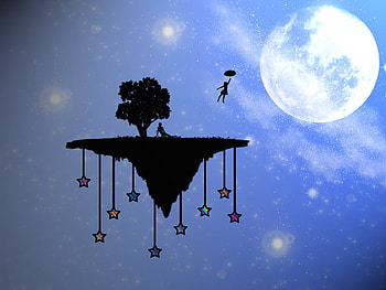 To The Moon, night, island, umbrella, flying, tree, moon, fantasy, women, sky HD wallpaper