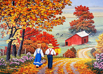 Golden Days, children, leaves, barn, painting, autumn, trees HD wallpaper