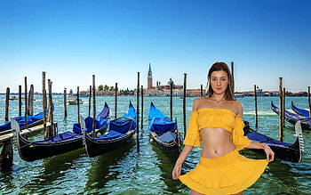Maria Ryabushkina in Venice, venice, model, gondolas, brunette, italy, dress HD wallpaper