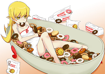 Oshino Shinobu, barefoot, yellow eyes, long hair, food, dress, nisemonogatari, fang, blonde hair, monogatari HD wallpaper