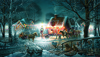 Snow, Christmas, Artistic, Painting, Holiday, Horse Drawn Vehicle, House, Light, Vintage HD wallpaper