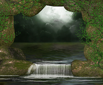 WATERFALL, NIGHT, GREEN, PLANTS, WATERFALLS, CAVE, MOON HD wallpaper