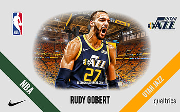 Rudy Gobert, Utah Jazz, French Basketball Player, NBA, portrait, USA, basketball, Vivint Arena, Utah Jazz logo HD wallpaper