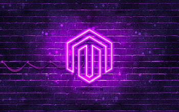 Magento violet logo, , violet brickwall, Magento logo, brands, Magento neon logo, Magento HD wallpaper