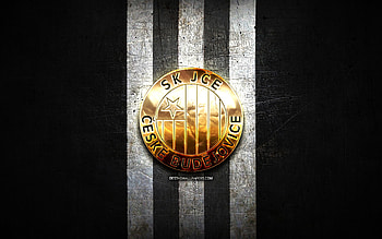 Dynamo Ceske Budejovice FC, golden logo, Czech First League, black metal background, football, czech football club, Dynamo Ceske Budejovice logo, soccer, SK Dynamo Ceske Budejovice HD wallpaper