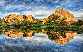 Roxborough State Park, Colorado, clouds, trees, sky, mountains, water, reflections, usa HD wallpaper