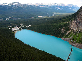Lake Louise, from Big Beehive, trees, sky, lake, mountain HD wallpaper