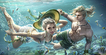 Underwater, blue, couple, water, vara, hat, jinxin, frumusete, art, jin xin, man, gorgeous, girl, summer, superb, fantasy, green, yellow, luminos HD wallpaper