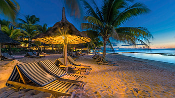 Evening at the beach, Mauritius, sky, loungers, lights, sea, umbrella, palms HD wallpaper