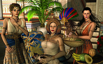 The Queen and Ladies in Waiting, fantasy, daz3d, egypt, cat, girl, woman, female HD wallpaper