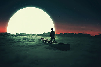 Miscellanea, Moon, Loneliness, Silhouette, Miscellaneous, Boat, Lonely, Surrealism HD wallpaper