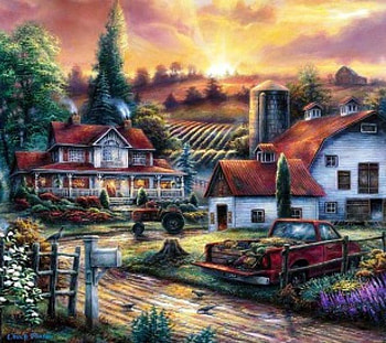 Countryside Sunset, artwork, painting, car, house, landscape, trees, road, sun HD wallpaper