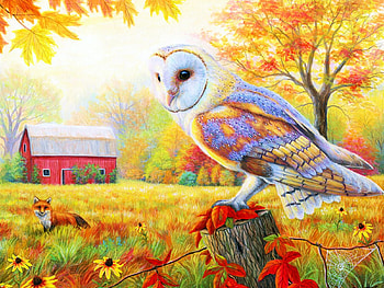 Morning at the Old Farm, owl, artwork, barn, painting, trees, colors, flowers HD wallpaper