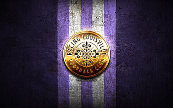 Racing Louisville FC, golden logo, NWSL, violet metal background, american soccer club, National Womens Soccer League, Racing Louisville logo, soccer, Racing Louisville HD wallpaper