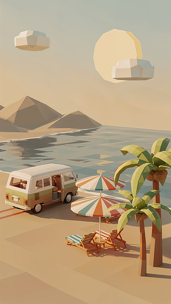 Vintage Summer Drive / Retro Beach Escape / Coastal Camper, Umbrella, Palm Tree, Ocean HD phone wallpaper
