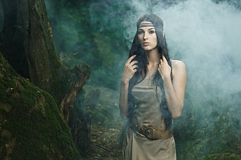 Lady of the tribe, fog, fantasy, forests, beautiful, pretty girl, girl, lovely HD wallpaper
